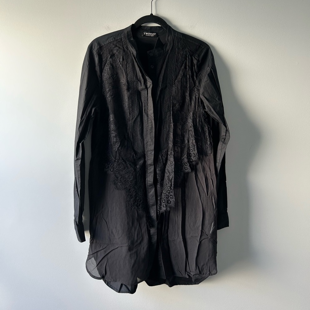 Twin-Set Black Long-Sleeve Lace and Sheer Tunic Top